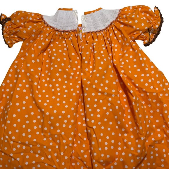 Southern Smocked Thanksgiving Turkey Embroidered Orange Polka Dot 2T Dress - Picture 6 of 7
